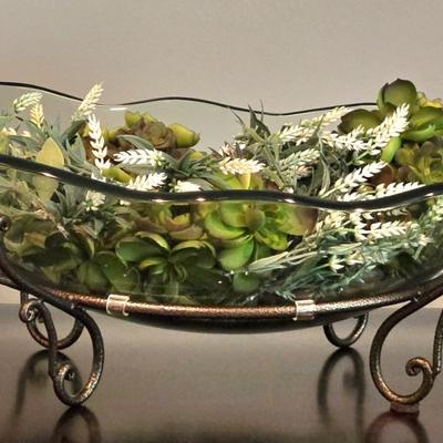 LOT 108H: Large Glass Bowl on Metal Stand with Greenery
