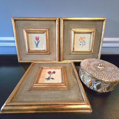 LOT 109H: Three Framed Flower Prints and Gold-tone Bowl with Lid