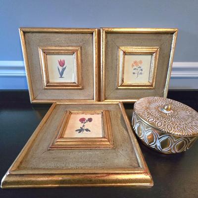 LOT 109H: Three Framed Flower Prints and Gold-tone Bowl with Lid