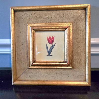 LOT 109H: Three Framed Flower Prints and Gold-tone Bowl with Lid