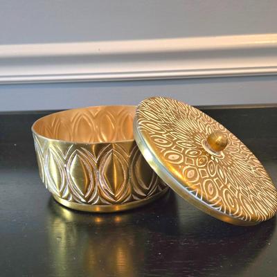 LOT 109H: Three Framed Flower Prints and Gold-tone Bowl with Lid