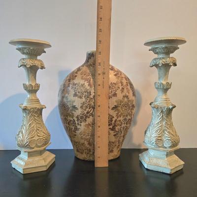 LOT 111H: Decorative Vase and Two Corinthian Column Style Candle Holders