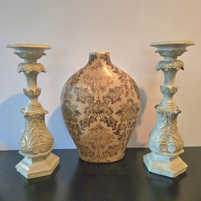 LOT 111H: Decorative Vase and Two Corinthian Column Style Candle Holders