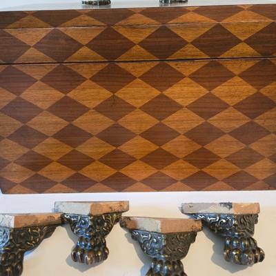 LOT 112H: Harlequin Pattern Wooden Box with Brass- like Claw Feet