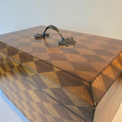 LOT 112H: Harlequin Pattern Wooden Box with Brass- like Claw Feet
