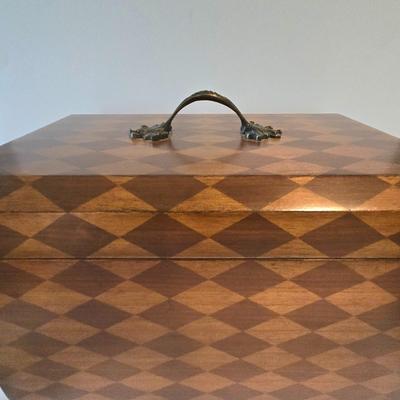 LOT 112H: Harlequin Pattern Wooden Box with Brass- like Claw Feet