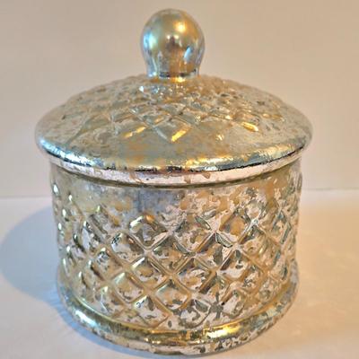 LOT 113Z: Decorative Glass Apothecary Jar and Three Silver-tone Candlesticks