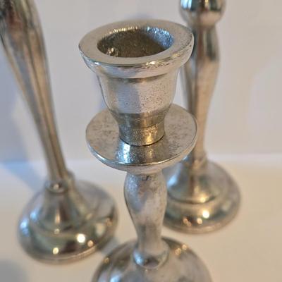 LOT 113Z: Decorative Glass Apothecary Jar and Three Silver-tone Candlesticks