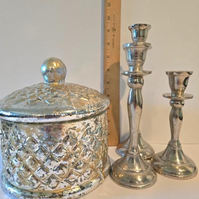 LOT 113Z: Decorative Glass Apothecary Jar and Three Silver-tone Candlesticks