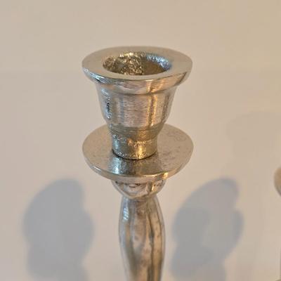 LOT 113Z: Decorative Glass Apothecary Jar and Three Silver-tone Candlesticks