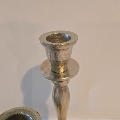 LOT 113Z: Decorative Glass Apothecary Jar and Three Silver-tone Candlesticks