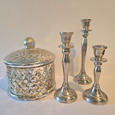 LOT 113Z: Decorative Glass Apothecary Jar and Three Silver-tone Candlesticks