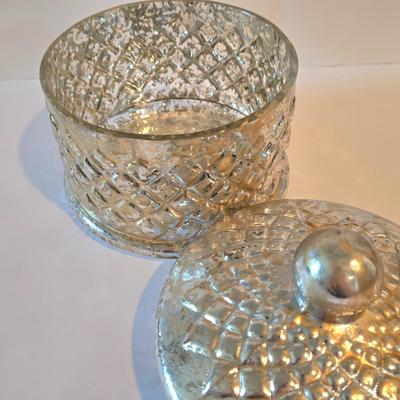 LOT 113Z: Decorative Glass Apothecary Jar and Three Silver-tone Candlesticks