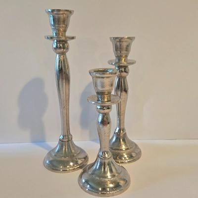 LOT 113Z: Decorative Glass Apothecary Jar and Three Silver-tone Candlesticks
