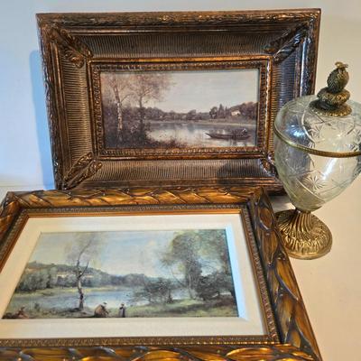 LOT 114H: Two Landscape Oil Paintings in Ornate Gold-tone Frames and Baccarat Style Lidded Jar