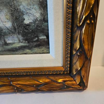 LOT 114H: Two Landscape Oil Paintings in Ornate Gold-tone Frames and Baccarat Style Lidded Jar