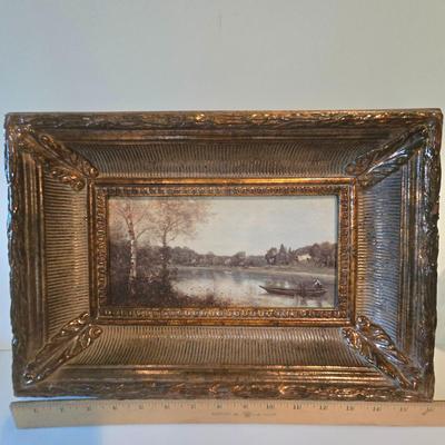 LOT 114H: Two Landscape Oil Paintings in Ornate Gold-tone Frames and Baccarat Style Lidded Jar