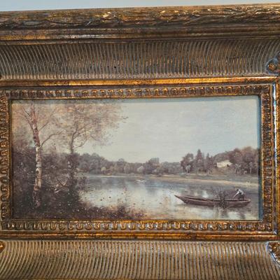 LOT 114H: Two Landscape Oil Paintings in Ornate Gold-tone Frames and Baccarat Style Lidded Jar