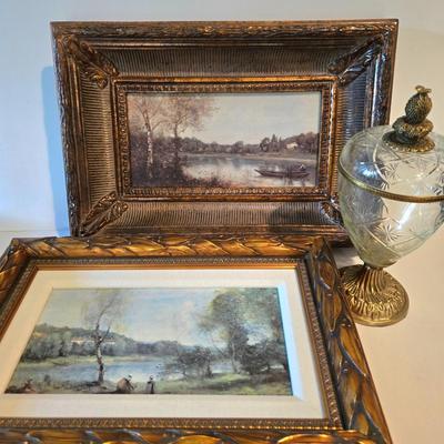 LOT 114H: Two Landscape Oil Paintings in Ornate Gold-tone Frames and Baccarat Style Lidded Jar