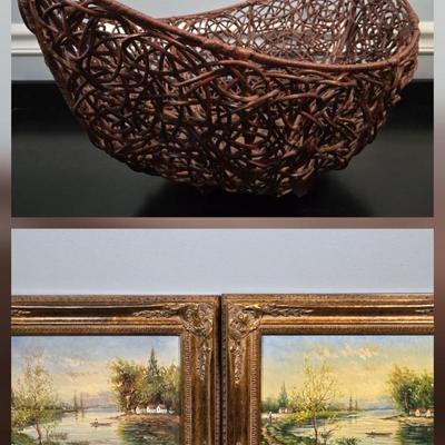 LOT 117Z: Two Landscape Oil Paintings and Large Woven Basket