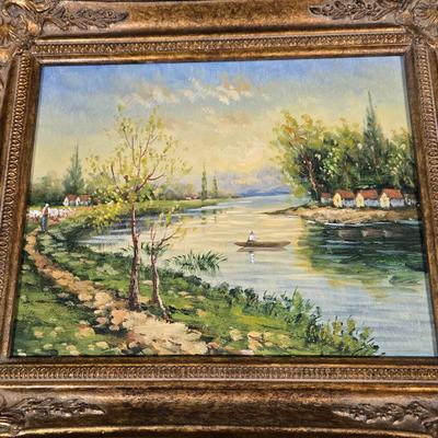 LOT 117Z: Two Landscape Oil Paintings and Large Woven Basket