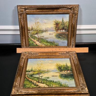 LOT 117Z: Two Landscape Oil Paintings and Large Woven Basket