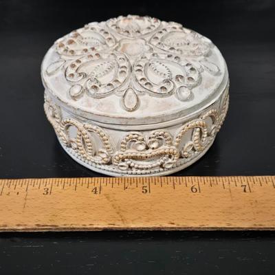 LOT 120Y: Vanity Set Including Lotion Jar Dispensers, Tissue Box Holder, Wood Trays, Ceramic Tray, Trinket Box with Lid, Small Lamp, and...