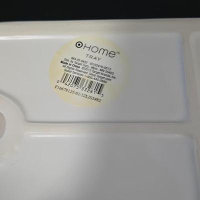 LOT 120Y: Vanity Set Including Lotion Jar Dispensers, Tissue Box Holder, Wood Trays, Ceramic Tray, Trinket Box with Lid, Small Lamp, and...