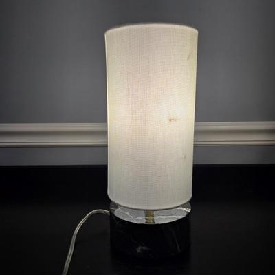 LOT 120Y: Vanity Set Including Lotion Jar Dispensers, Tissue Box Holder, Wood Trays, Ceramic Tray, Trinket Box with Lid, Small Lamp, and...