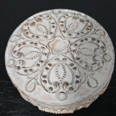 LOT 120Y: Vanity Set Including Lotion Jar Dispensers, Tissue Box Holder, Wood Trays, Ceramic Tray, Trinket Box with Lid, Small Lamp, and...