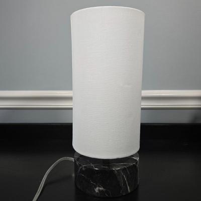 LOT 120Y: Vanity Set Including Lotion Jar Dispensers, Tissue Box Holder, Wood Trays, Ceramic Tray, Trinket Box with Lid, Small Lamp, and...