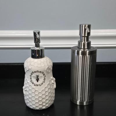 LOT 120Y: Vanity Set Including Lotion Jar Dispensers, Tissue Box Holder, Wood Trays, Ceramic Tray, Trinket Box with Lid, Small Lamp, and...