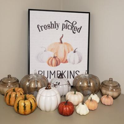 LOT 131B: Pumpkin Decor-Lighted Pumpkins, Candles, Large Framed Canvas & More