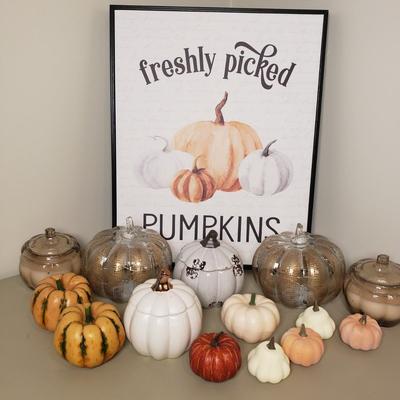 LOT 131B: Pumpkin Decor-Lighted Pumpkins, Candles, Large Framed Canvas & More