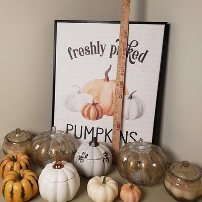 LOT 131B: Pumpkin Decor-Lighted Pumpkins, Candles, Large Framed Canvas & More