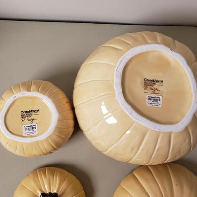 LOT 132B: Pumpkin/Thanksgiving Decor-Crate&Barrel Pumpkin Tureen, Ceramic Turkey & Stoneware Lidded Pumpkins