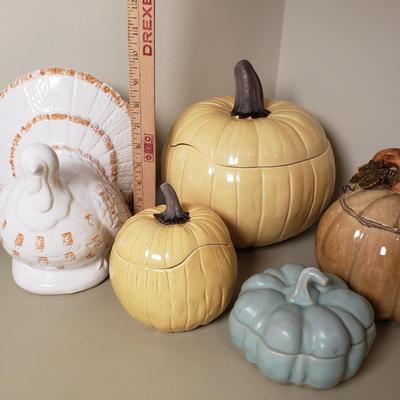 LOT 132B: Pumpkin/Thanksgiving Decor-Crate&Barrel Pumpkin Tureen, Ceramic Turkey & Stoneware Lidded Pumpkins