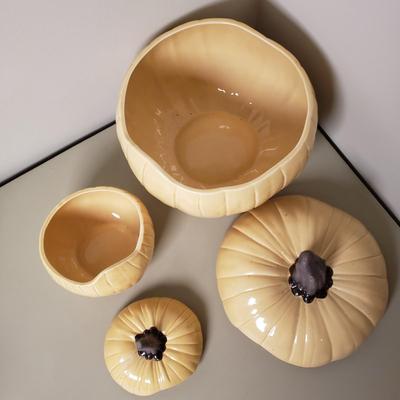 LOT 132B: Pumpkin/Thanksgiving Decor-Crate&Barrel Pumpkin Tureen, Ceramic Turkey & Stoneware Lidded Pumpkins
