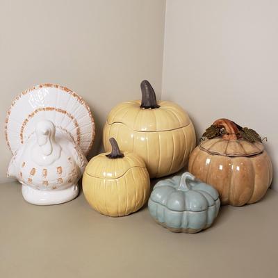 LOT 132B: Pumpkin/Thanksgiving Decor-Crate&Barrel Pumpkin Tureen, Ceramic Turkey & Stoneware Lidded Pumpkins
