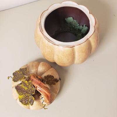 LOT 132B: Pumpkin/Thanksgiving Decor-Crate&Barrel Pumpkin Tureen, Ceramic Turkey & Stoneware Lidded Pumpkins