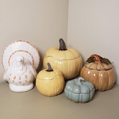 LOT 132B: Pumpkin/Thanksgiving Decor-Crate&Barrel Pumpkin Tureen, Ceramic Turkey & Stoneware Lidded Pumpkins