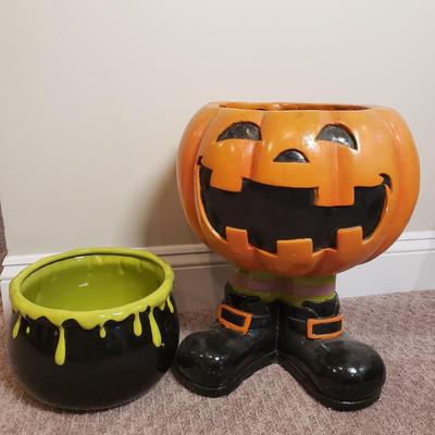 LOT 133B: Ceramic Cauldron Bowl & Standing Jack O Lantern for Candy, Plants or Decoration