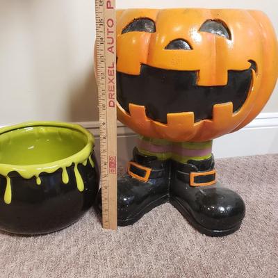 LOT 133B: Ceramic Cauldron Bowl & Standing Jack O Lantern for Candy, Plants or Decoration