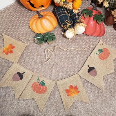 LOT 134B: Fall/Halloween Decor-Jack O Lantern, Wreaths, Burlap Banner & More