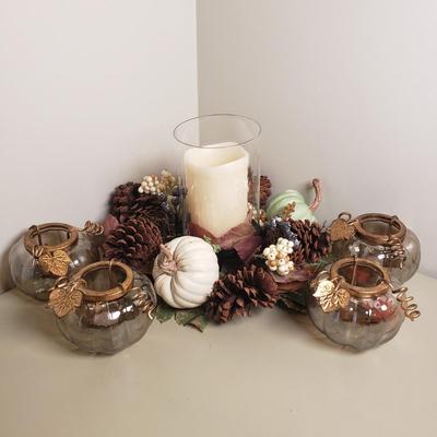 LOT 135B: Large Assortment of Fall Themed Decor; Centerpieces, Floral Arrangements, Candle Holders & More