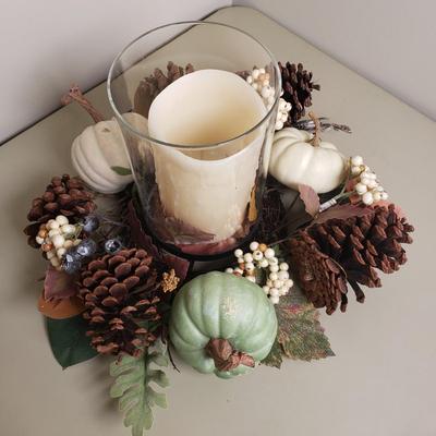 LOT 135B: Large Assortment of Fall Themed Decor; Centerpieces, Floral Arrangements, Candle Holders & More