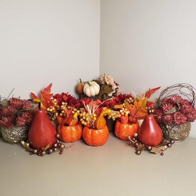 LOT 135B: Large Assortment of Fall Themed Decor; Centerpieces, Floral Arrangements, Candle Holders & More