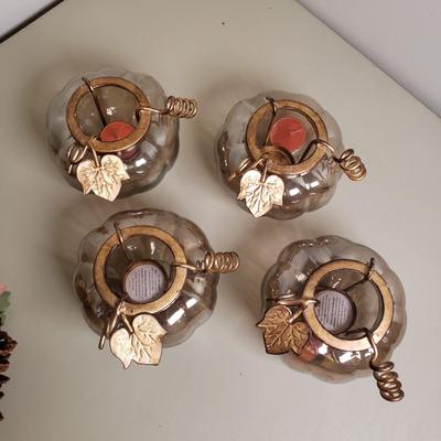 LOT 135B: Large Assortment of Fall Themed Decor; Centerpieces, Floral Arrangements, Candle Holders & More