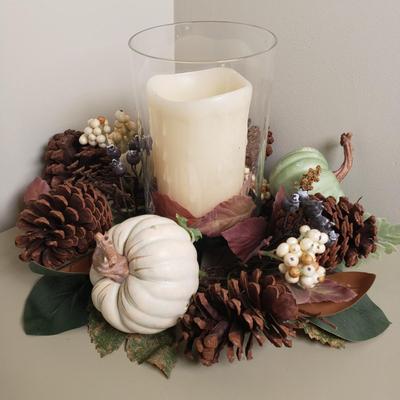 LOT 135B: Large Assortment of Fall Themed Decor; Centerpieces, Floral Arrangements, Candle Holders & More