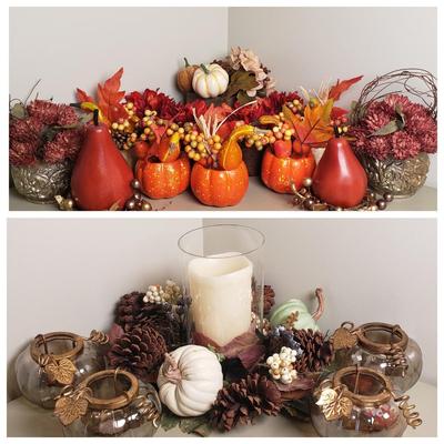 LOT 135B: Large Assortment of Fall Themed Decor; Centerpieces, Floral Arrangements, Candle Holders & More